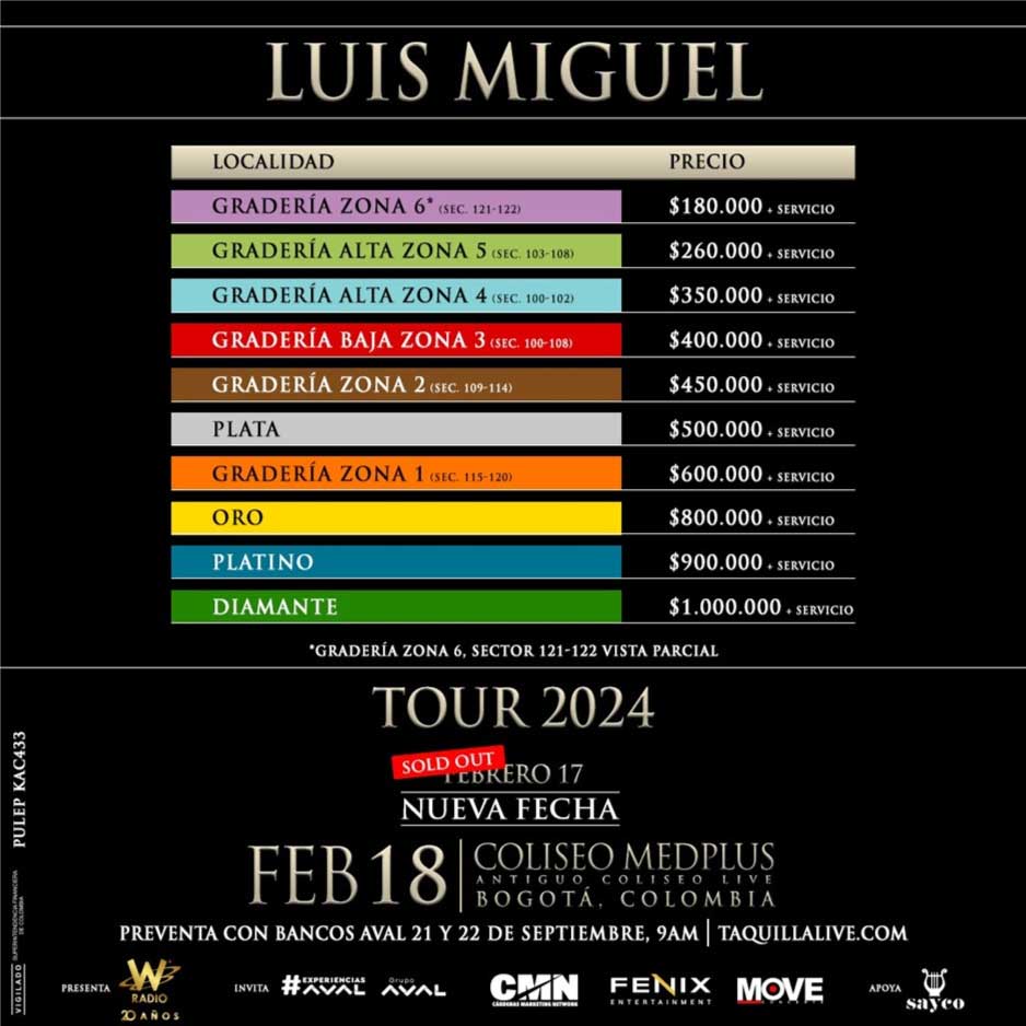 Boletas Luis Miguel Colombia 2024 Orel Tracey