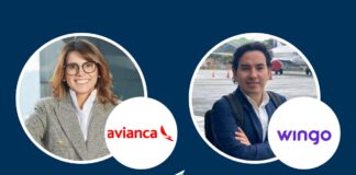 María Carolina Cortés, vicepresidente de Comunicaciones Corporativas de Avianca Holdings, y de Andrés Camilo Franco, gerente de Comunicaciones Corporativas de Wingo.