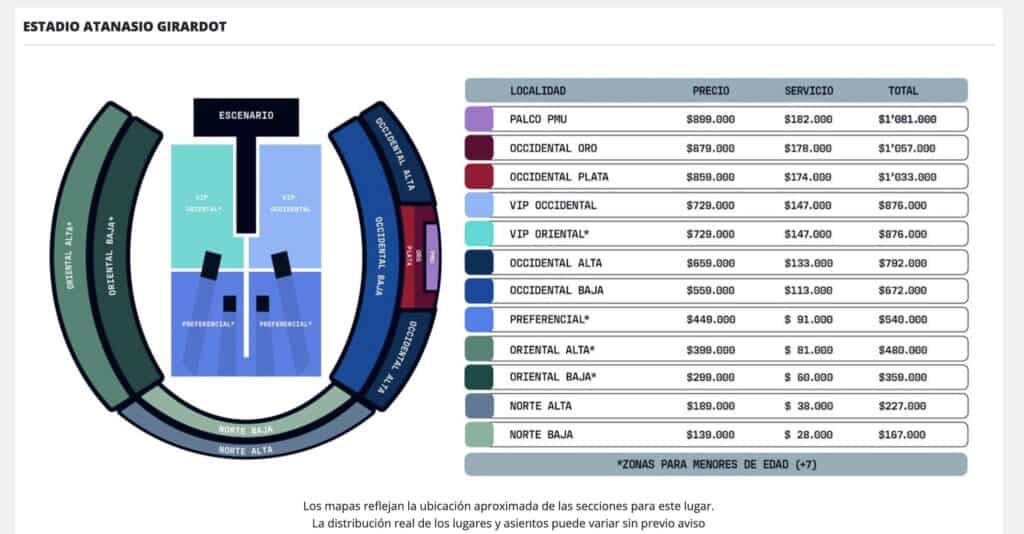 Valores para ver a Shakira en el Atanasio Girardot.