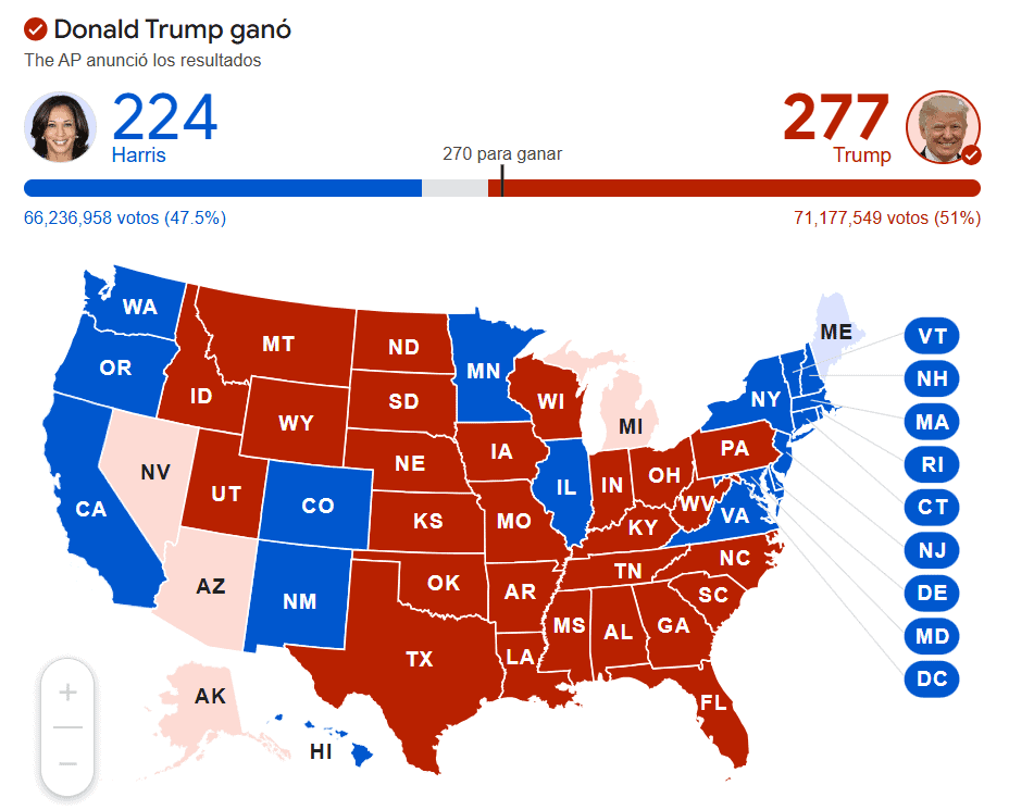 Mapa de elecciones presidenciales 2024 Estados Unidos