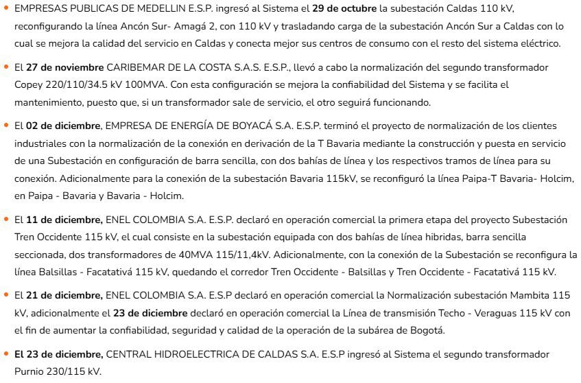 ¿Cuántos proyectos de transmisión y generación de energía en Colombia entraron en 2024?