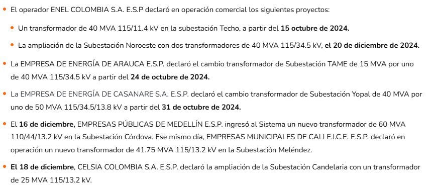 ¿Cuántos proyectos de transmisión y generación de energía en Colombia entraron en 2024?